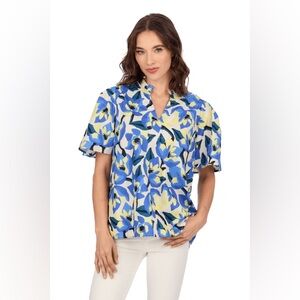 Mud Pie Chase Flounce Sleeve Floral Top Blue & Ivory Medium Boutique Chic Women